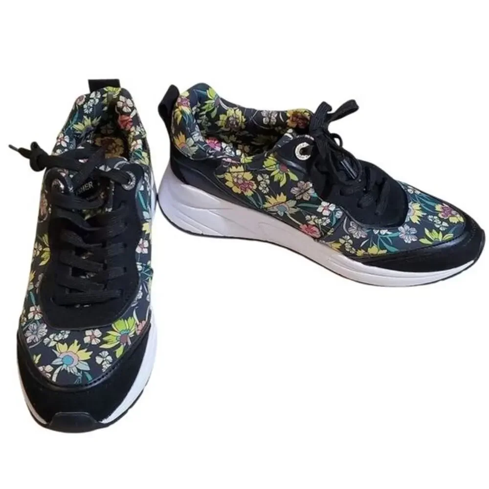 Marc Fisher Floral Print Low Top Sneakers Black Multi Color Lace Up Size 7
